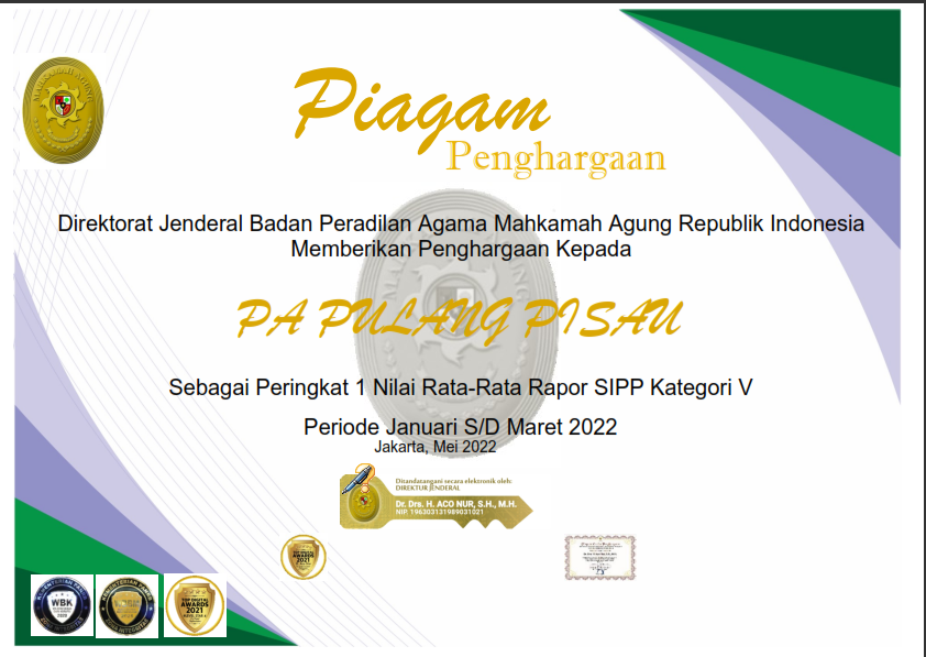 Pengadilan Agama Pulang Pisau Berhasil Meraih Piagam Penghargaan Peringkat Pertama Rapor SIPP Kategori V