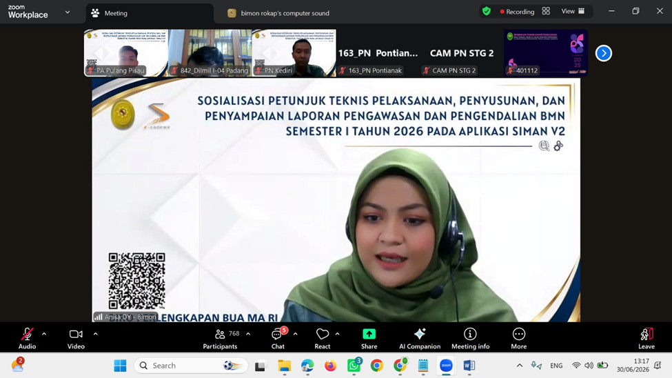 1246. Operator BMN Pengadilan Agama Pulang Pisau Ikuti Sosialisasi Laporan WASDAL Semester I Tahun 2026 Melalui Zoom